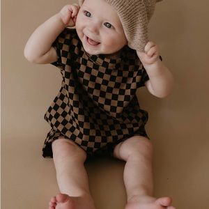 Forever French Baby Black & Brown Checkerboard Short Sleeve Ribbed Romper